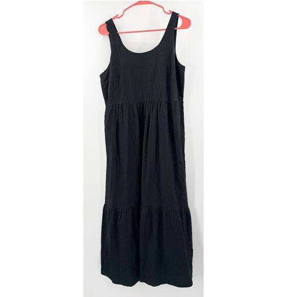 J. Jill Dress SZ Petite Medium Tiered Flounce Hem Midi Blk Gray Stripe Cotton - Picture 3 of 16